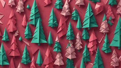 The primary subject of the image is a large number of green and red paper trees. The setting is a red and green background, which adds to the festive atmosphere. The visual style is a combination of digital art and illustration, creating a unique and eye-catching design. The colors and mood of the image are vibrant and lively, with the green and red paper trees standing out against the red and green background.
